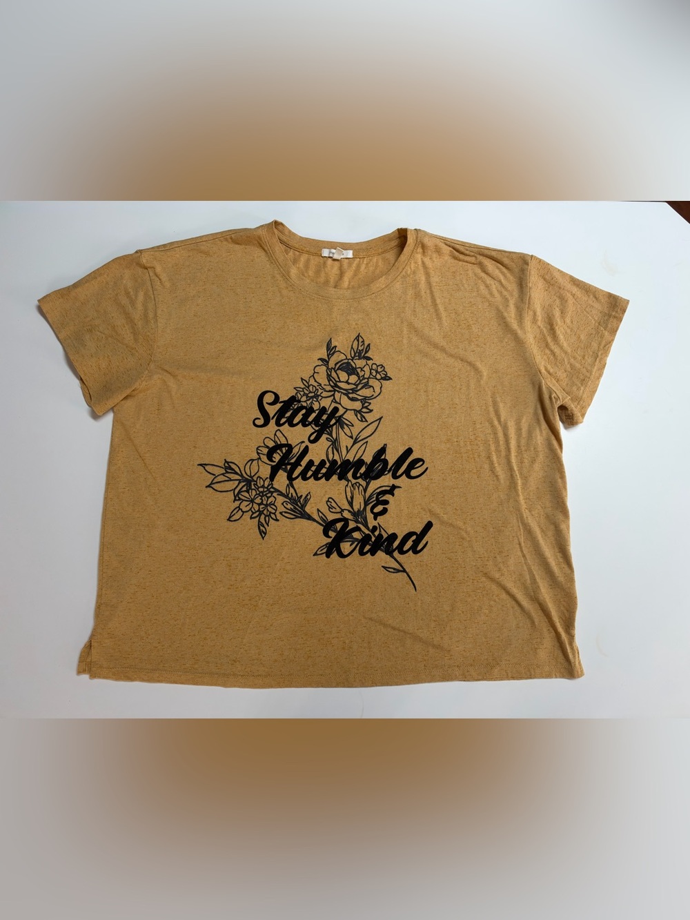 Maurices Mustard Graphic Tee with Black Floral Script
